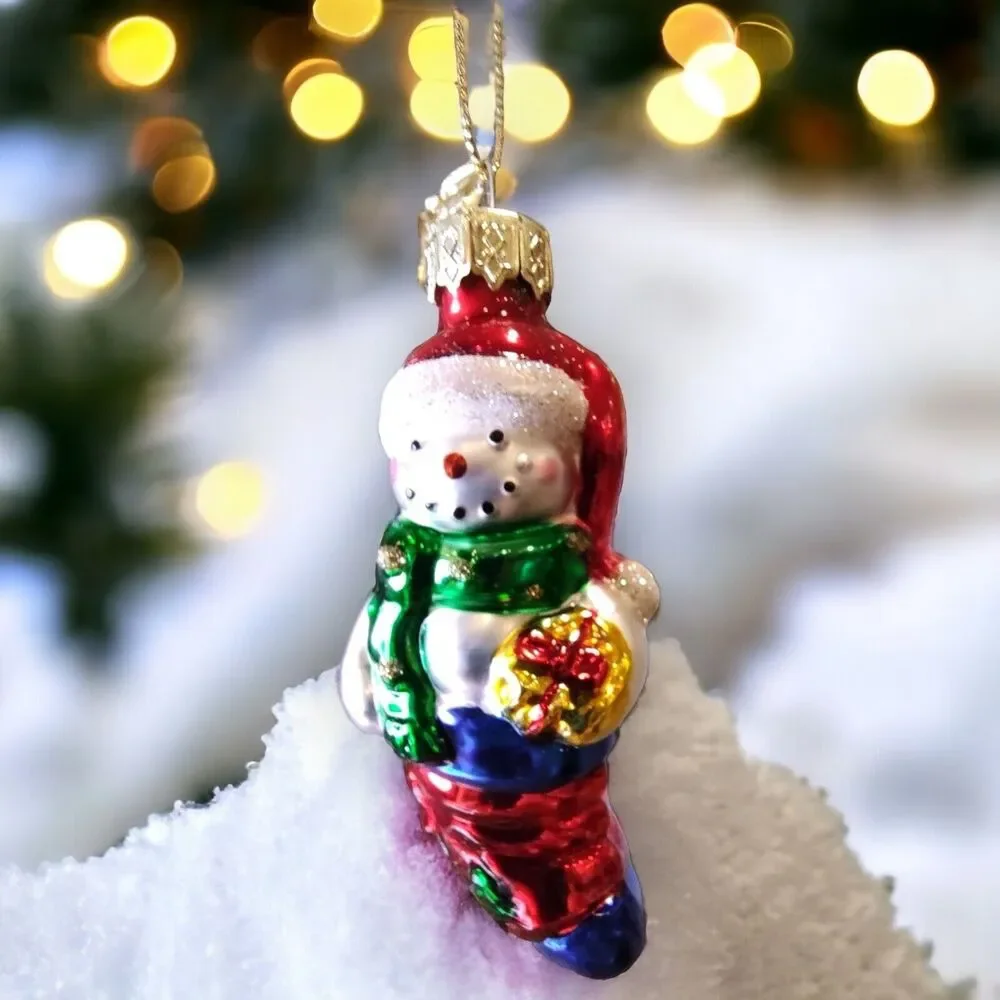 Santa Snowman Christmas Stocking Hand Blown Glass Ornament Thomas Pacconi 2002